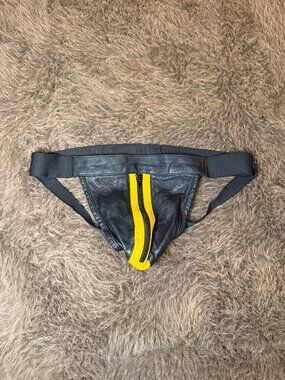 Vintage Men's Black Yellow Leather Zipper Front Jockstrap Batman Costume